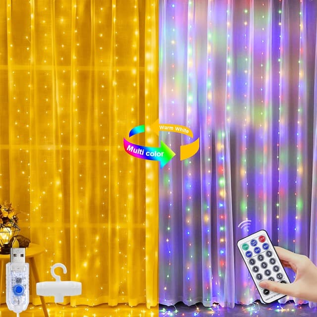 Detalle de A.bigwhale Lichtervorhang für innen 3x3 m mit 300 LEDs, dimmbar, 12 Modi, Timer & Fernbedienung