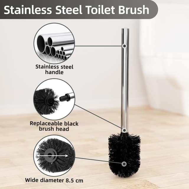 Detalle de Porta carta igienica da terra con scopino in acciaio inox, piantana portarotolo e porta-spazzolino senza forare (argento lucido)