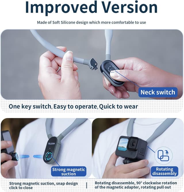 Detalle de TELESIN Magnetischer POV-Hals-Selfie-Ständer mit Handy-Clip für Actionkameras & Smartphones