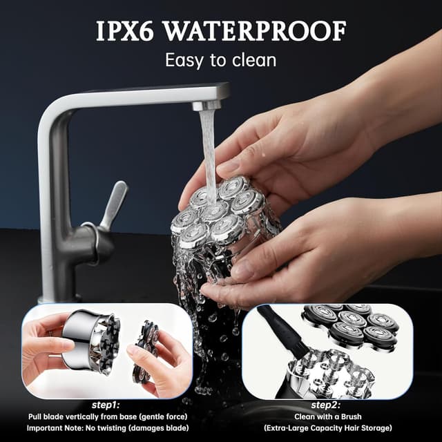Detalle 2 de Electric Head Shavers for Men – IPX6 Waterproof Wet & Dry Razor with USB-C Fast Charging, 7D Rotating Blade System