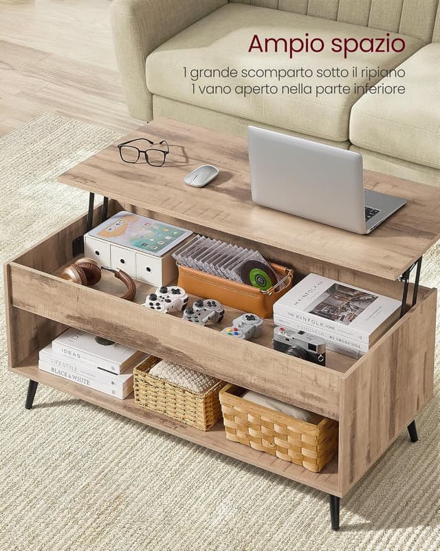 Detalle de VASAGLE LCT267LB01 tavolino da salotto con piano sollevabile a molla a gas, vano nascosto e ripiano aperto