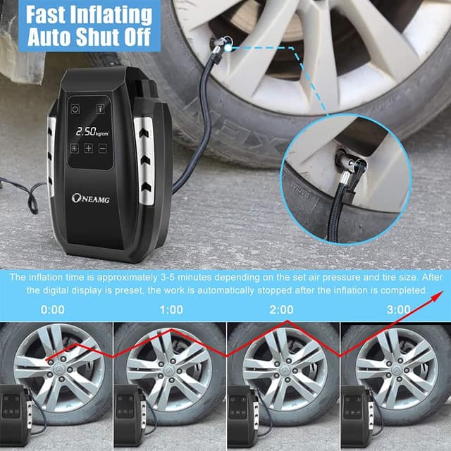 Detalle de 12V Luftkompressor für Autos: digitaler Reifenfüller mit Touchscreen und LED-Lampe (150 PSI, 3 m Kabel)