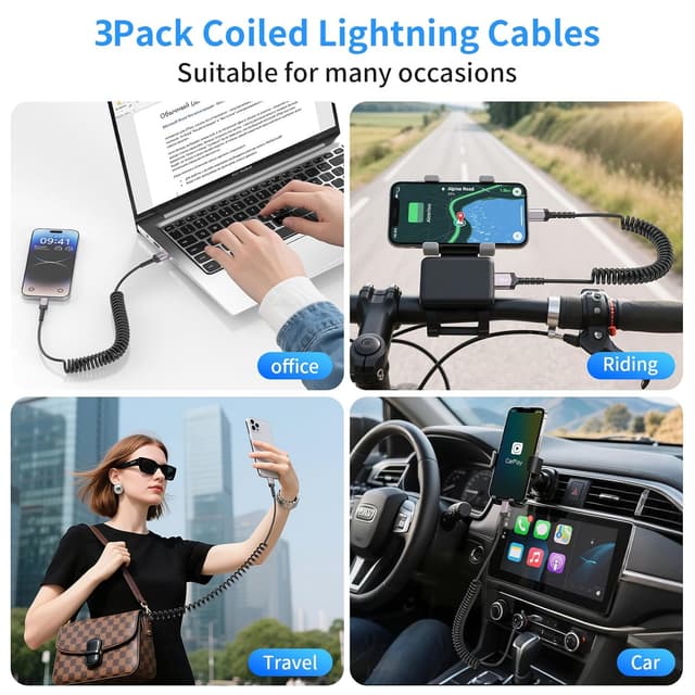 Detalle 2 de 3-Pack Coiled Lightning Cable for Car (MFi Certified) USB-A to Lightning Retractable iPhone Charger