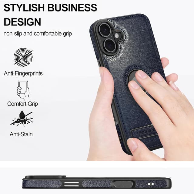 Detalle de KSELF Leather Case for iPhone 16 (6.1-inch) with Built-In Invisible Kickstand — Blue, Slim Shockproof Cover