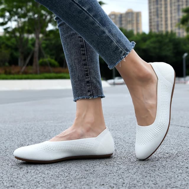 Detalle de Puxowe Damen Strick-Ballerinas mit Rundkappe: bequeme Slip-On Flats für Spaziergänge