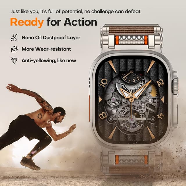 Detalle de TAURI Rugged Braided Nylon Apple Watch Ultra Strap (49mm) with Stainless Steel Connectors – Adjustable Woven Band in Brown