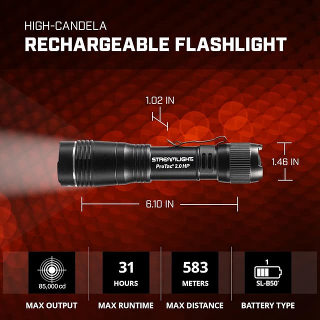 Detalle de Streamlight 89023 ProTac 2.0 HP Rechargeable Tactical Flashlight (2000-Lumen, 85000-Candela) - Black