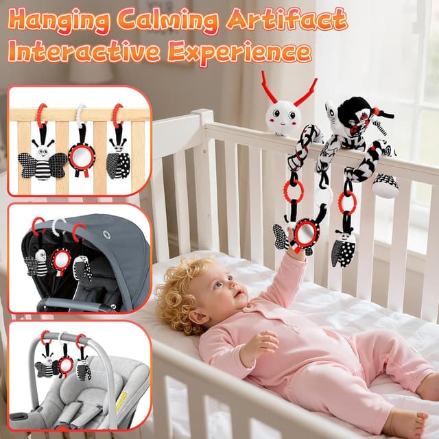 Detalle 2 de Spirale Autositz Baby Spielzeug 0–6 Monate – kontrastreiches Schwarz-Weiß-Aktivität-Set mit Handgelenk-Rassel