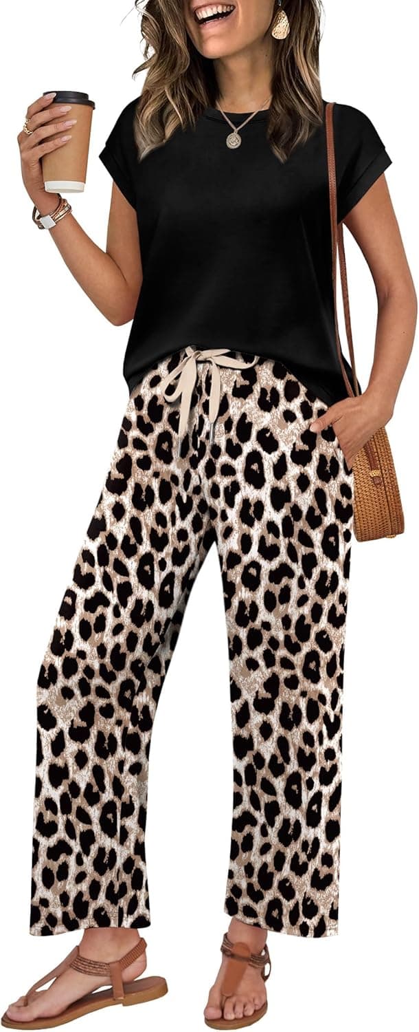 Detalle 2 de WIHOLL Two-Piece Lounge Set for Women: Cap-Sleeve Top & Wide-Leg Pants