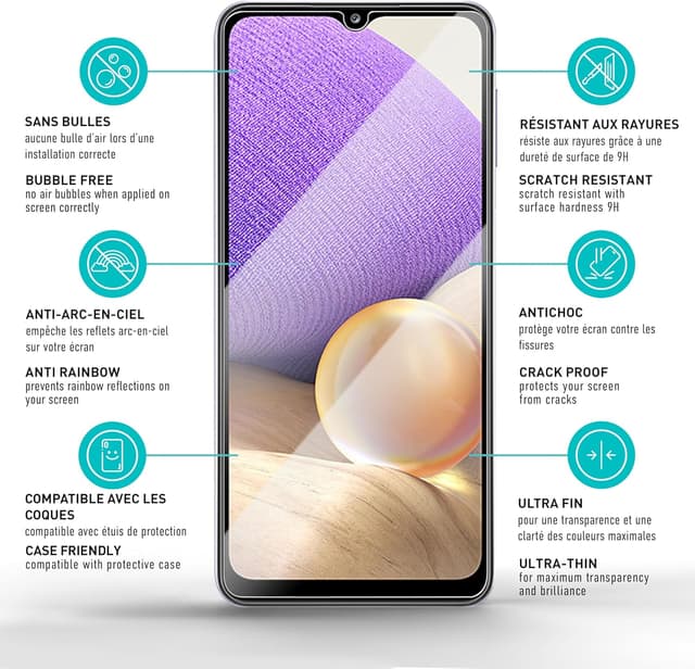 Detalle 2 de smartect Verre Trempé 3+3 (écran + caméra) pour Samsung Galaxy A32 5G, Clear, anti-rayures 9H