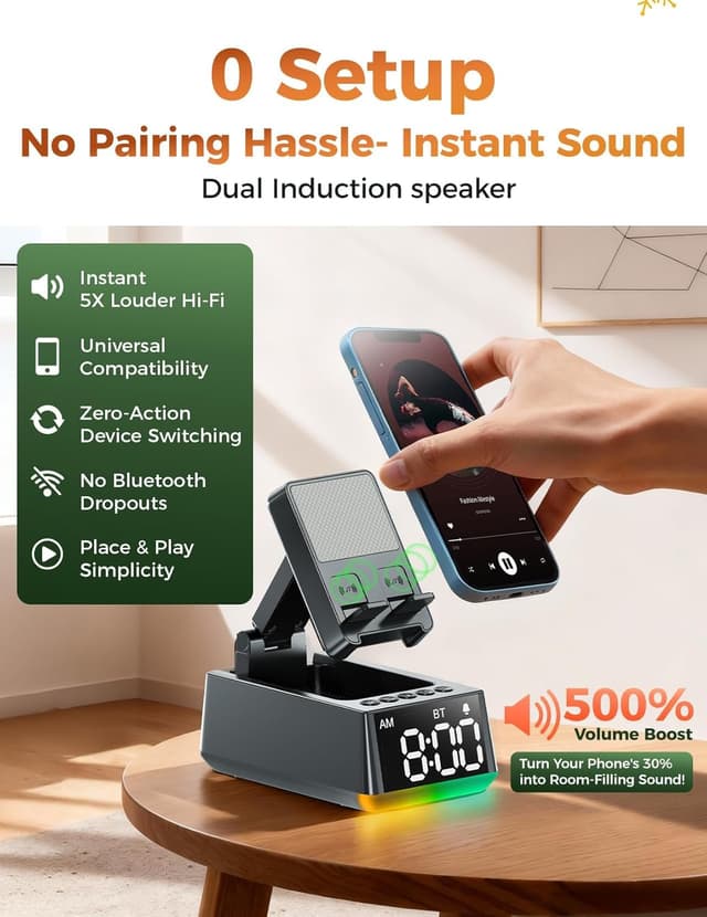 Detalle 2 de BBL Bluetooth Speaker Phone Stand (White) — induction cell phone stand with louder, clearer audio