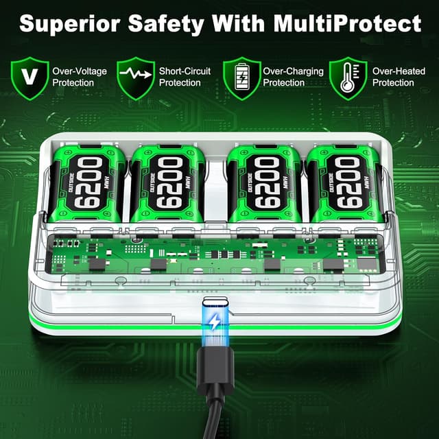 Detalle de Akku für Xbox One/Series X|S Controller – 4× 6.200 mWh, inkl. 1‑m USB‑C-Ladekabel (schwarz)