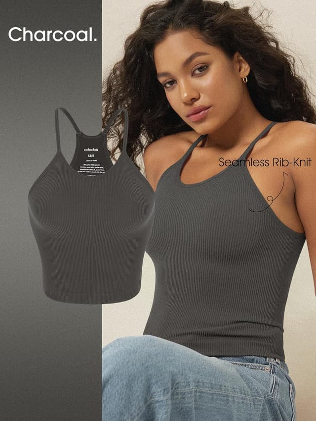 Detalle 2 de ODODOS Women’s Crop 3-Pack Seamless Rib-Knit Camisole Crop Tank Tops