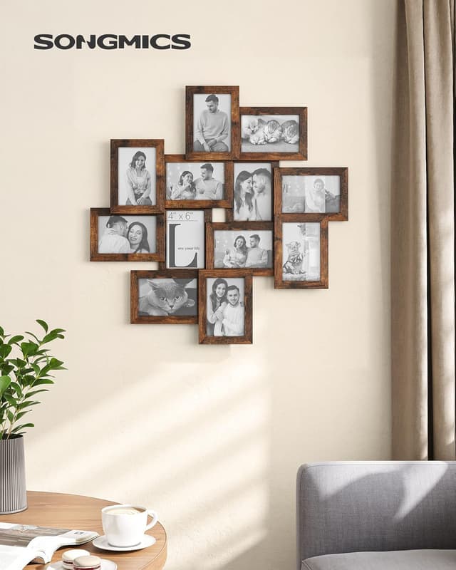 Detalle de SONGMICS Picture Frame Collage for 12 Photos (4x6) – Wall-Mounted Glass MDF Set (RPF022X01)