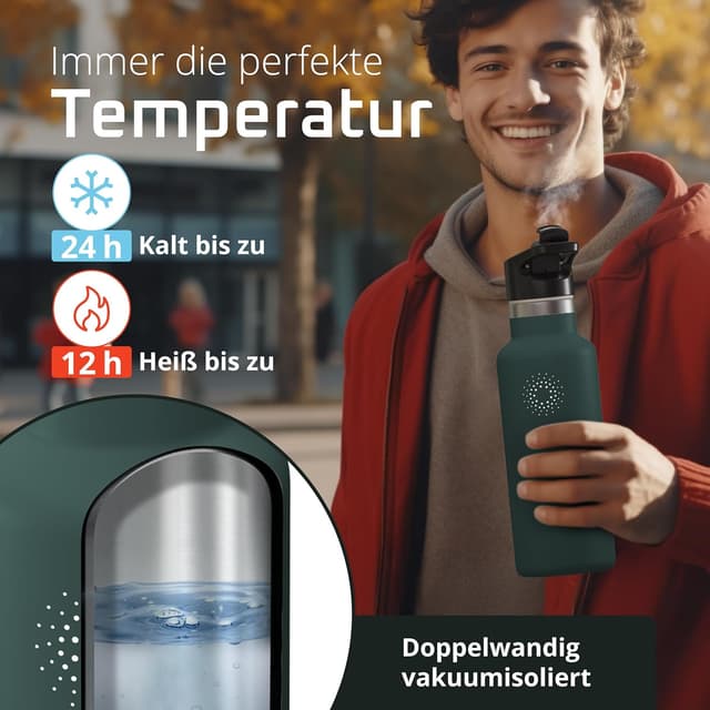 Detalle 2 de BeMaxx Edelstahl-Trinkflasche mit Strohhalm & Infuser + 3 Deckeln (BPA-frei, auslaufsicher) – 530 ml