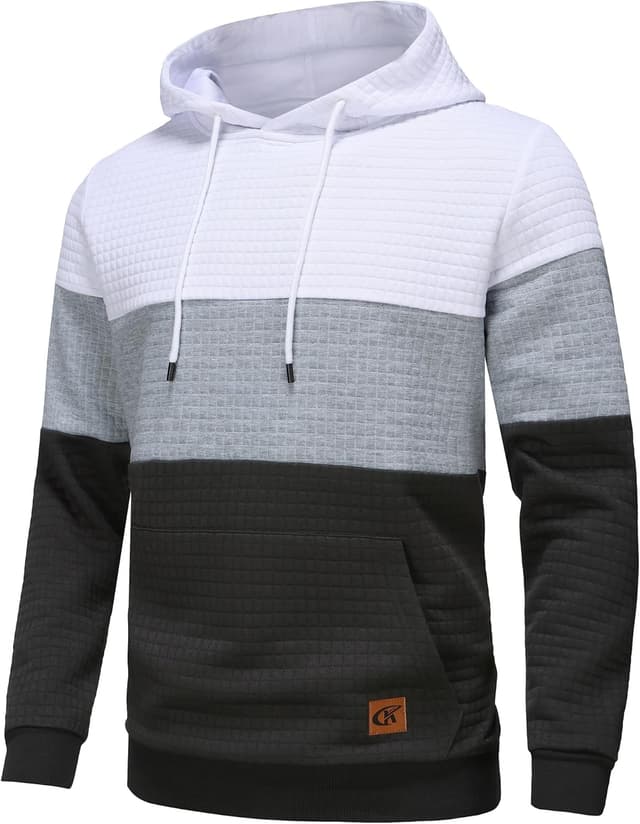 Detalle de YuKaiChen men’s pullover plaid jacquard hoodie with drawstring hood and pockets