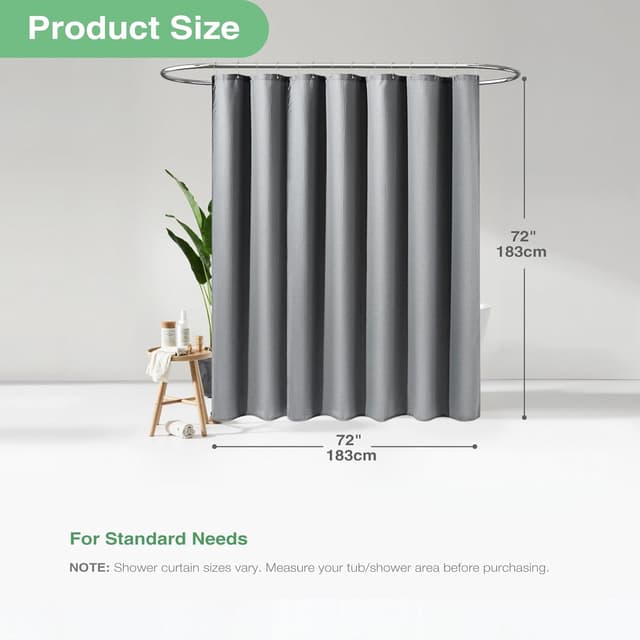 Detalle 2 de Dynamene Grey Waffle Weave Fabric Shower Curtain (72x72) with 12 Plastic Hooks, 256GSM Hotel-Style Weighted Cloth