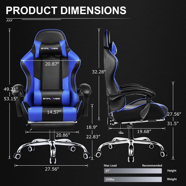 Detalle de GTPLAYER Sedia da Gaming Ergonomica con massaggiatore sul poggiapiedi e supporto lombare, schienale reclinabile 90–135°, portata 150 kg (Blu)