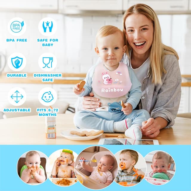 Thumbnail 6 de Vicloon Silikon Baby Lätzchen (2er-Set) mit Auffangschale, 6 verstellbaren Druckknöpfen, BPA-frei – Bär & Kaninchen