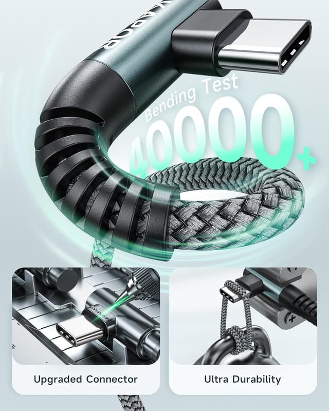 Detalle de ZKAPOR USB‑C auf USB‑C Kabel (2 m) mit 90° Winkel, Schnellladen bis 100 W, Nylon – für iPhone 15, Galaxy S22/S23 & mehr
