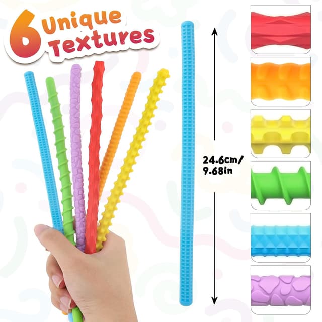 Detalle de ddLUCK Fidget Toys Silicone Sensory Sticks (Textured Calming Sticks) — 6 Pack for Kids 3+ & Adults