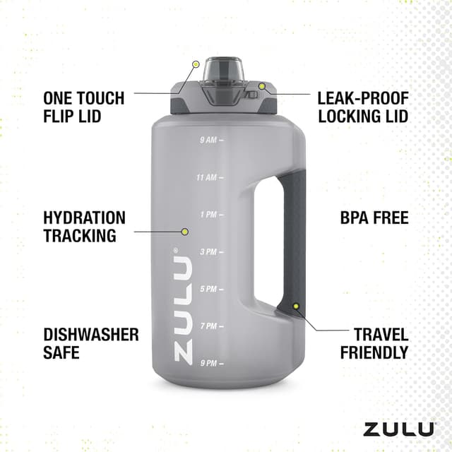 Detalle de ZULU Goals 64oz Half Gallon Plastic Water Bottle with Straw, Time Marker, Handle & Leak-Proof Lid (Gray)