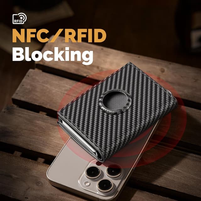 Detalle de YESIIW Airtag mens wallet with RFID protection, coin pocket & money clip (carbon fibre)