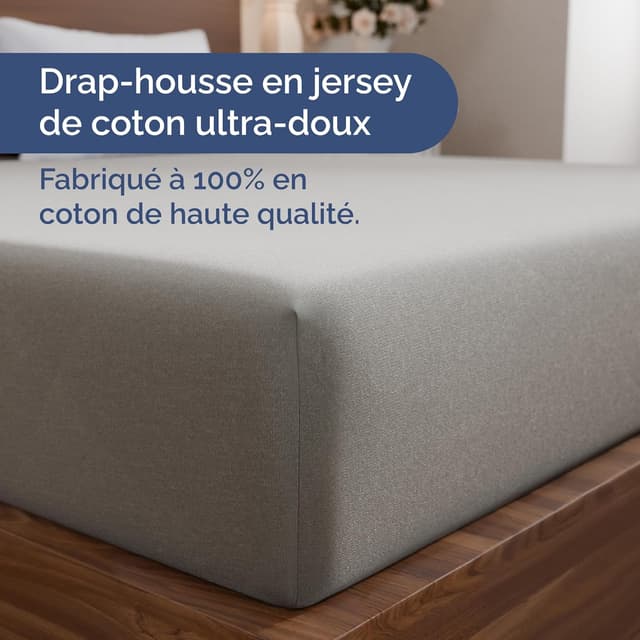 Detalle de CGK Unlimited Drap-housse 160x200 cm en coton jersey extensible, gris clair (hauteur jusqu’à 30 cm)