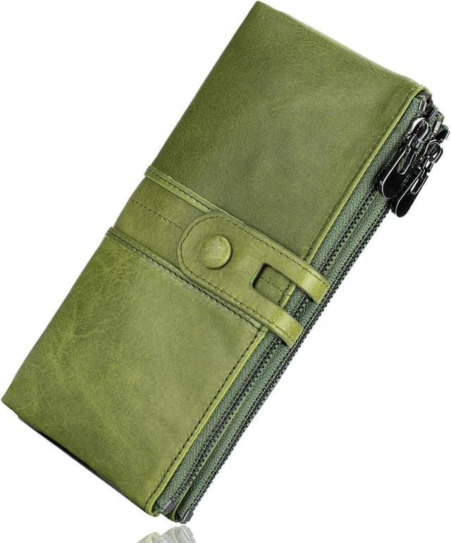 Detalle de Roulens genuine leather women’s slim bifold zipper wallet with RFID blocking