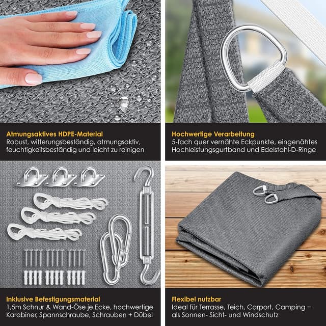 Detalle de KESSER® Sonnensegel Sonnenschutz Windschutz aus HDPE-Gewebe, dreieckig 2,5 x 2,5 x 3,5 m (5-fach quer vernäht) grau