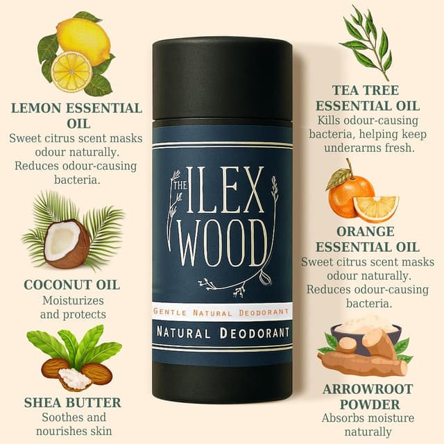 Detalle de The Ilex Wood Natural Deodorant Stick 70ml (Sodium Bicarbonate Free) – Vegan, Aluminium & Toxin Free, Plastic Free