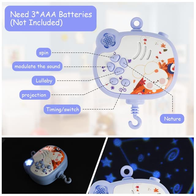 Thumbnail 3 de Aolso Babybett-Spielzeug: Mobile fürs Babybett mit Musik, Lichtern, Projektion und Fernbedienung (Kaninchenprojektion-Blau)