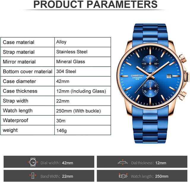 Detalle de Affute Orologio da uomo casual in acciaio inox e metallo con cronografo al quarzo e impermeabilità 3 ATM