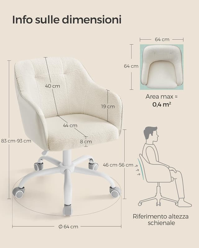 Detalle de SONGMICS Sedia da studio in casa girevole e regolabile in altezza OBG019W01 beige cappuccino