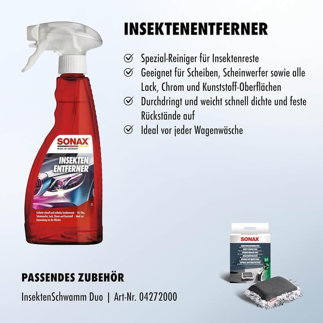 Detalle de SONAX InsektenEntferner 500 ml – Insektenreste von Glas, Lack, Chrom & Kunststoff entfernen