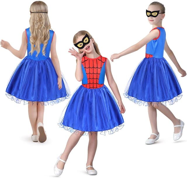 Detalle de Aomig Costume Supereroe Bambina: vestito Spider con maschere per Halloween, Carnevale e feste (Blu) 130CM