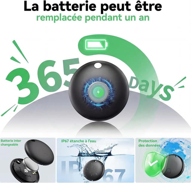 Detalle 2 de Pack de 4 Smart Tag Android Bluetooth Keyfiner (noir) compatibles Google Find Hub, batterie remplaçable