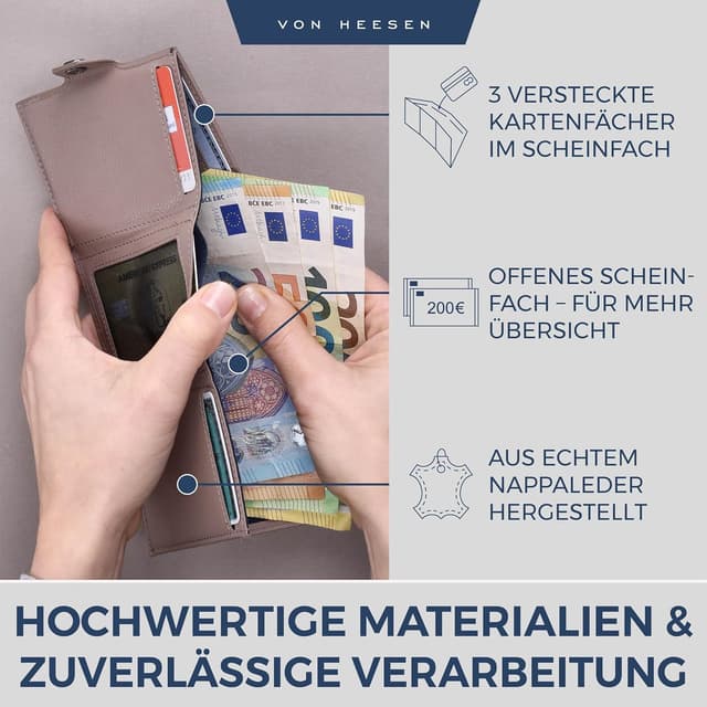 Detalle de VON HEESEN Slim Wallet mit XXL Münzfach & RFID-Schutz – Taupe, Leder-Geldbeutel im Kartenformat