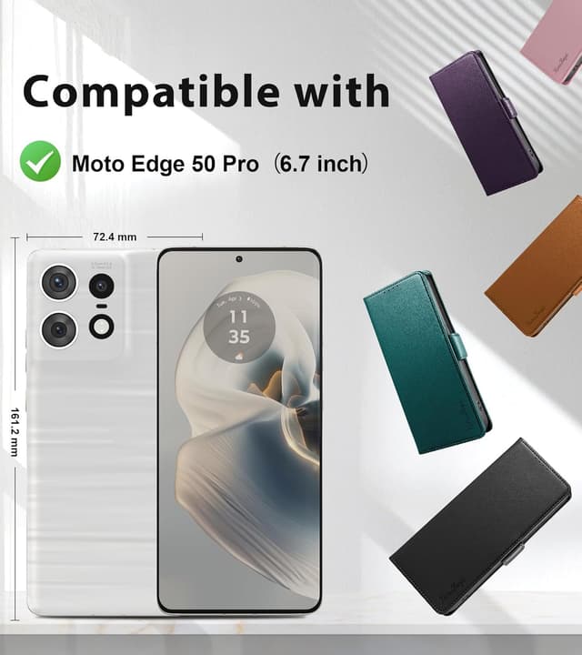 Detalle de Yunubeyii Handyhülle für Motorola Moto Edge 50 Pro – RFID-Blocker Klapphülle mit Kartenfächern, Magnetverschluss & Ständer (Grün)