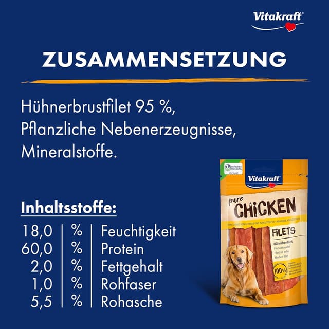Detalle 2 de Vitakraft Pure Chicken Filets Hundeleckerli aus Hühnerbrust, ohne Zucker (10x 80 g)