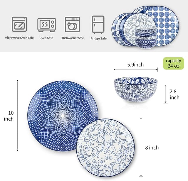 Detalle de Selamica Vintage Blue 12-Piece Ceramic Dinnerware Set (Plates & Bowls for 4)