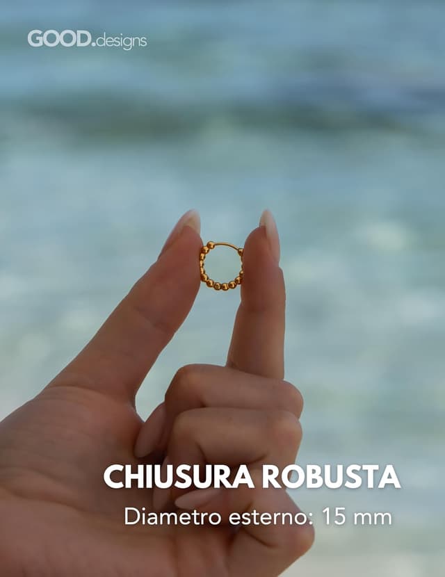 Detalle 2 de Orecchini a cerchio da donna in acciaio inossidabile con sfere (15 mm) mini: oro, oro rosa o argento, impermeabili e ipoallergenici