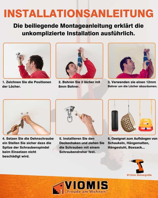 Thumbnail 6 de Viomis Deckenhaken Komplettset mit 360° Drehhalterung & Schwingfeder (bis 450 kg)