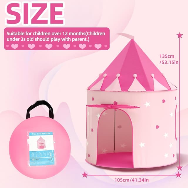 Detalle 2 de KORIMEFA Kids Play Tent (Princess Wendy House) for ages 1–8, pink pop-up indoor/outdoor playhouse, 105x105x135cm