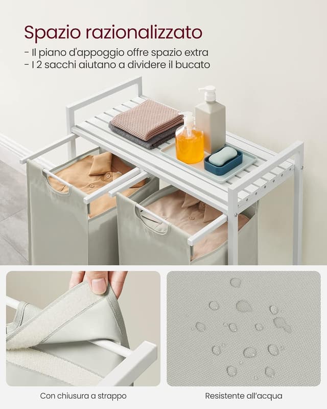 Detalle 2 de VASAGLE BLH201W01 cesto portabiancheria con 2 sacchi rimovibili da 46 L