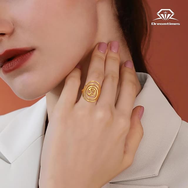 Detalle de Dreamtimes Aom Om Ohm Ring aus Edelstahl mit geometrischem Kreis – verstellbarer Unisex Siegelring
