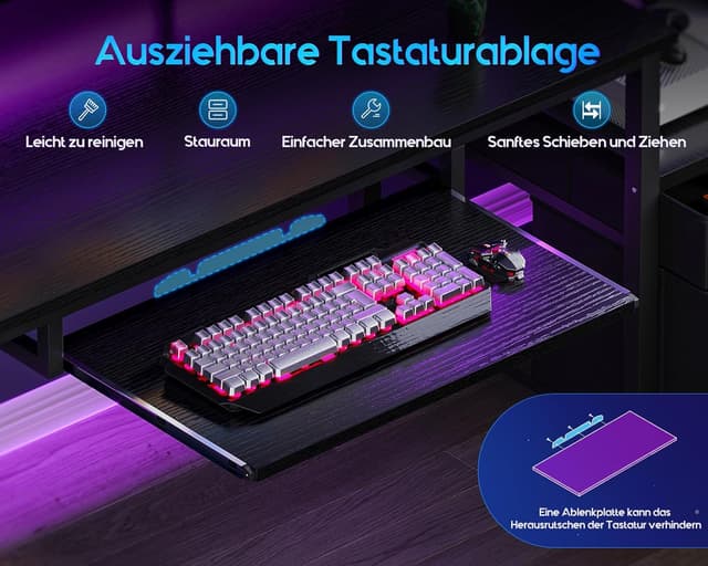 Detalle de Coleshome Gaming Tisch mit LED, 140×48 cm, Monitorständer und Stoff-Schubladen in Schwarz