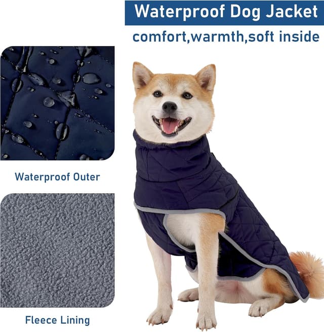 Detalle de Leberna Warm Pet Dog Coats and Jackets Waterproof Reflective Turtleneck Puffer Jacket with Adjustable Harness (Navy Blue, L)