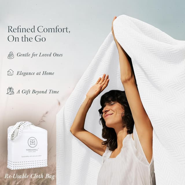 Thumbnail 6 de Threadmill Luxury Cotton Blanket (Queen) — 100% Cotton Herringbone Throw, White, 90x92 inches