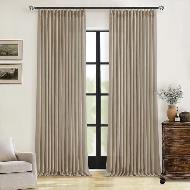 Detalle de Pinch Pleated Linen Curtains 102 Inches Long (2-Panel Set) in Gray Beige Tan Neutral